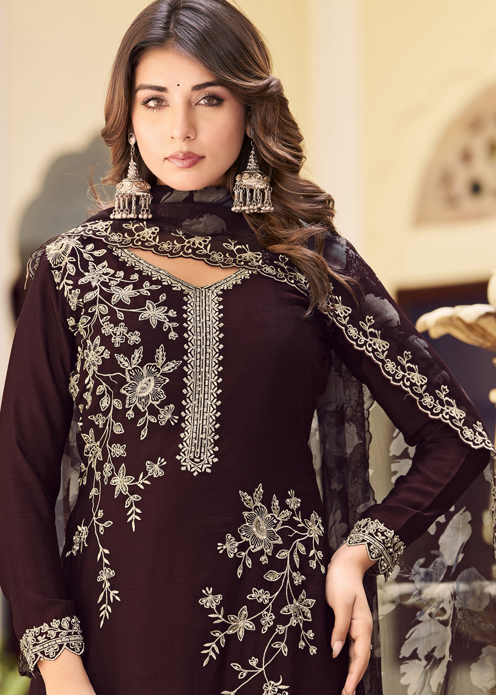 Buy Now Brown Floral Threads & Sequins Festive Palazzo Suit Online in New York, Los Angeles, San Jose, Chicago, Houston, Fremont, Dubai & Worldwide at Empress.