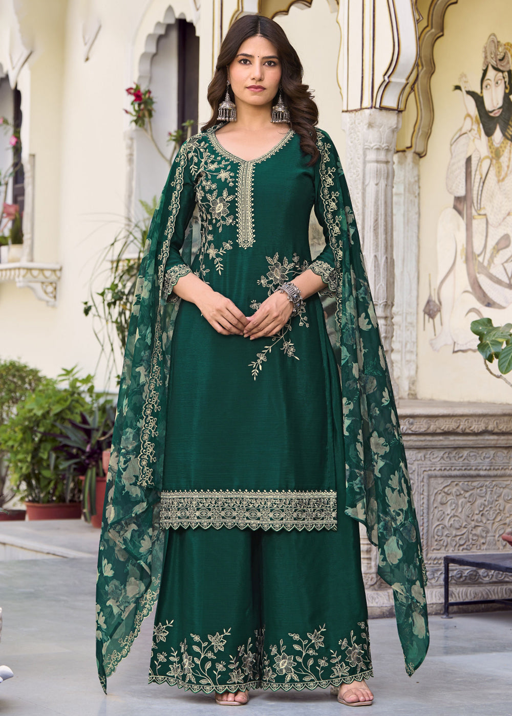 Buy Now Green Floral Threads & Sequins Festive Palazzo Suit Online in New York, Los Angeles, San Jose, Chicago, Houston, Fremont, Dubai & Worldwide at Empress.