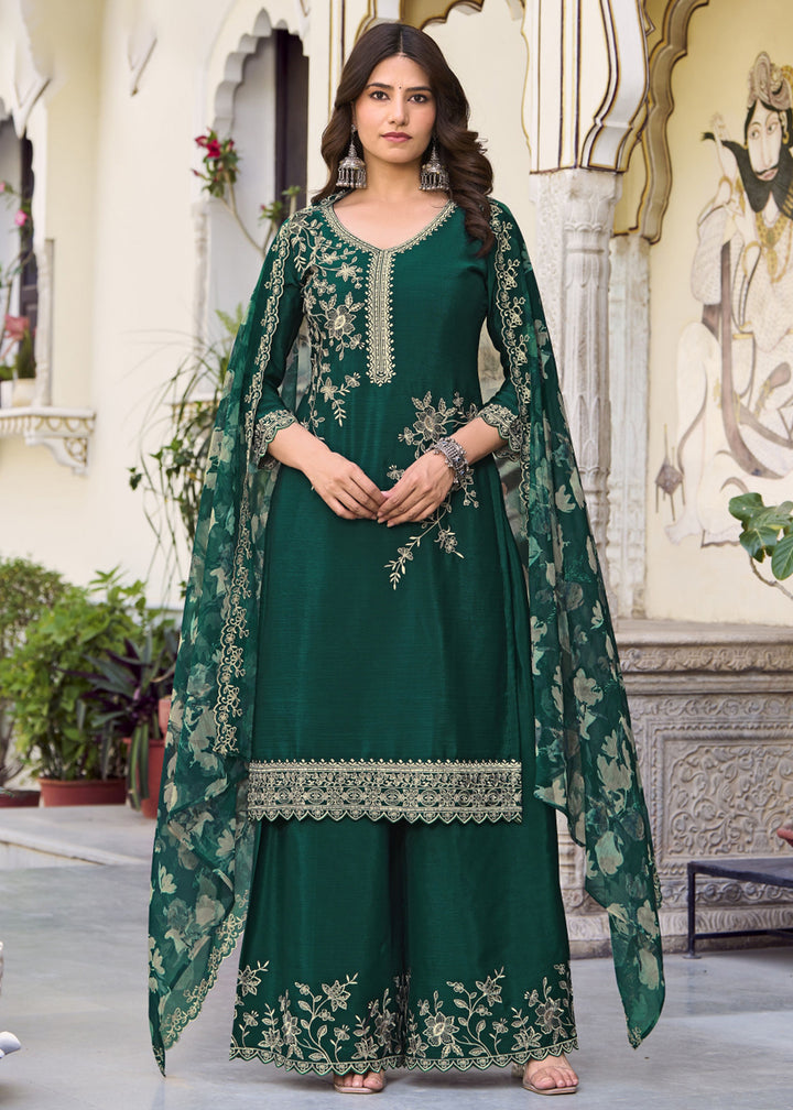 Buy Now Green Floral Threads & Sequins Festive Palazzo Suit Online in New York, Los Angeles, San Jose, Chicago, Houston, Fremont, Dubai & Worldwide at Empress.