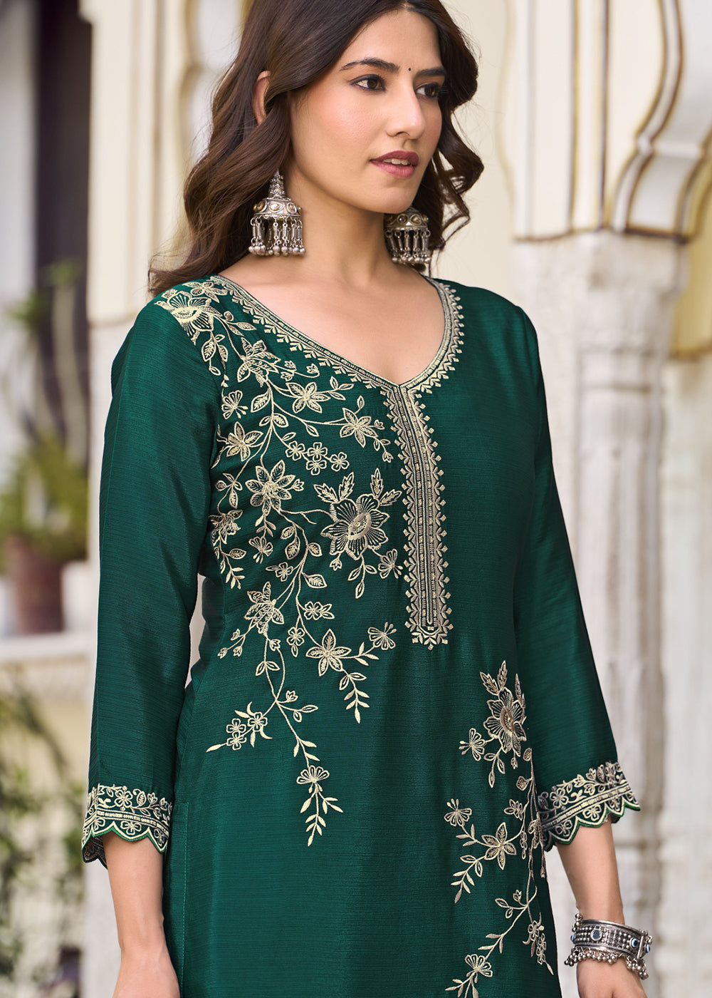 Buy Now Green Floral Threads & Sequins Festive Palazzo Suit Online in New York, Los Angeles, San Jose, Chicago, Houston, Fremont, Dubai & Worldwide at Empress.