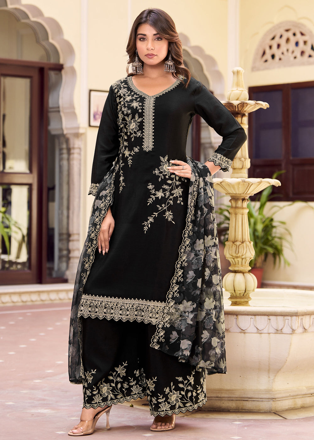 Buy Now Black Floral Threads & Sequins Festive Palazzo Suit Online in New York, Los Angeles, San Jose, Chicago, Houston, Fremont, Dubai & Worldwide at Empress.
