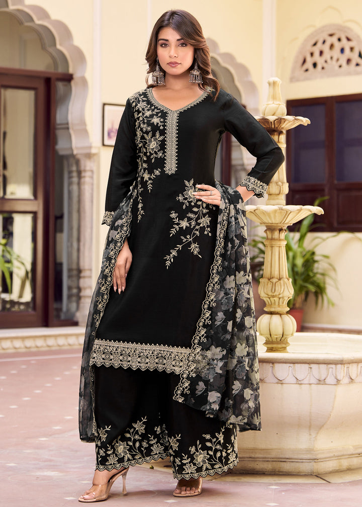 Buy Now Black Floral Threads & Sequins Festive Palazzo Suit Online in New York, Los Angeles, San Jose, Chicago, Houston, Fremont, Dubai & Worldwide at Empress.