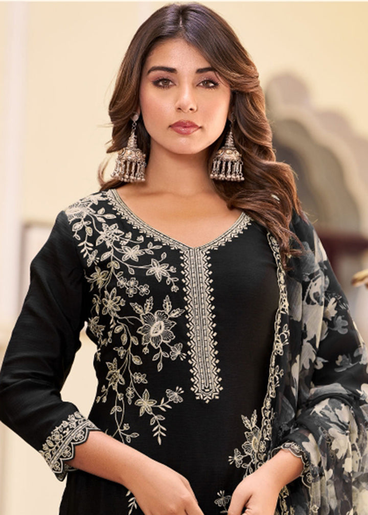 Buy Now Black Floral Threads & Sequins Festive Palazzo Suit Online in New York, Los Angeles, San Jose, Chicago, Houston, Fremont, Dubai & Worldwide at Empress.