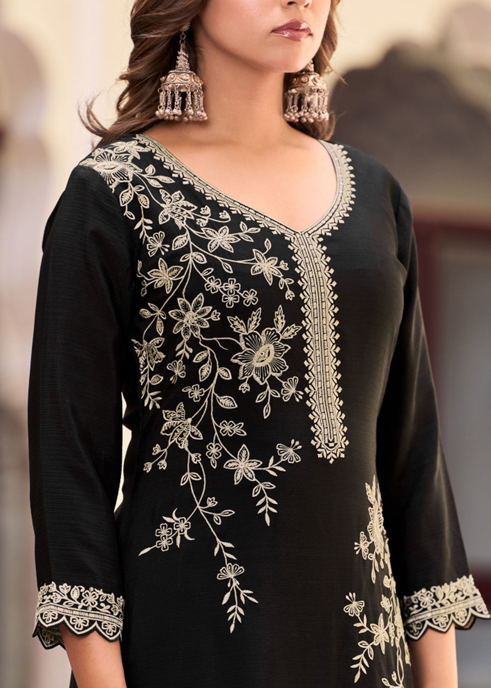 Buy Now Black Floral Threads & Sequins Festive Palazzo Suit Online in New York, Los Angeles, San Jose, Chicago, Houston, Fremont, Dubai & Worldwide at Empress.