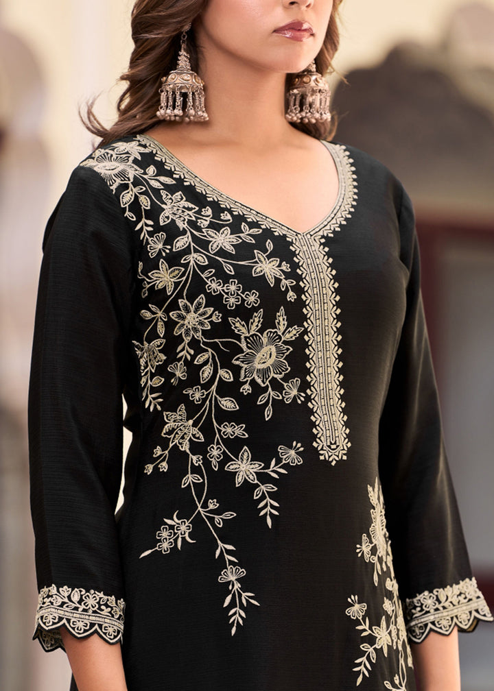 Buy Now Black Floral Threads & Sequins Festive Palazzo Suit Online in New York, Los Angeles, San Jose, Chicago, Houston, Fremont, Dubai & Worldwide at Empress.