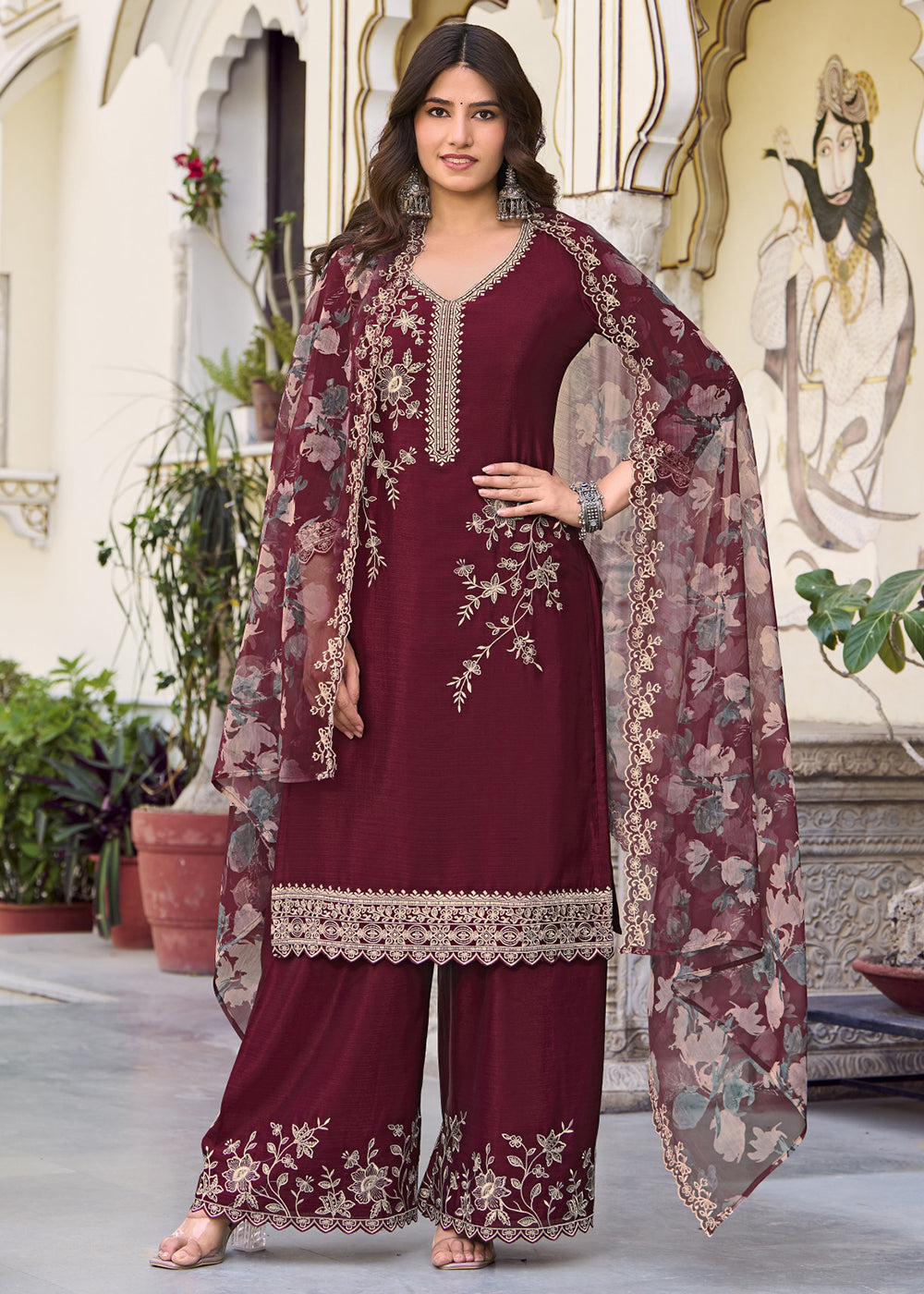 Buy Now Purple Floral Threads & Sequins Festive Palazzo Suit Online in New York, Los Angeles, San Jose, Chicago, Houston, Fremont, Dubai & Worldwide at Empress.