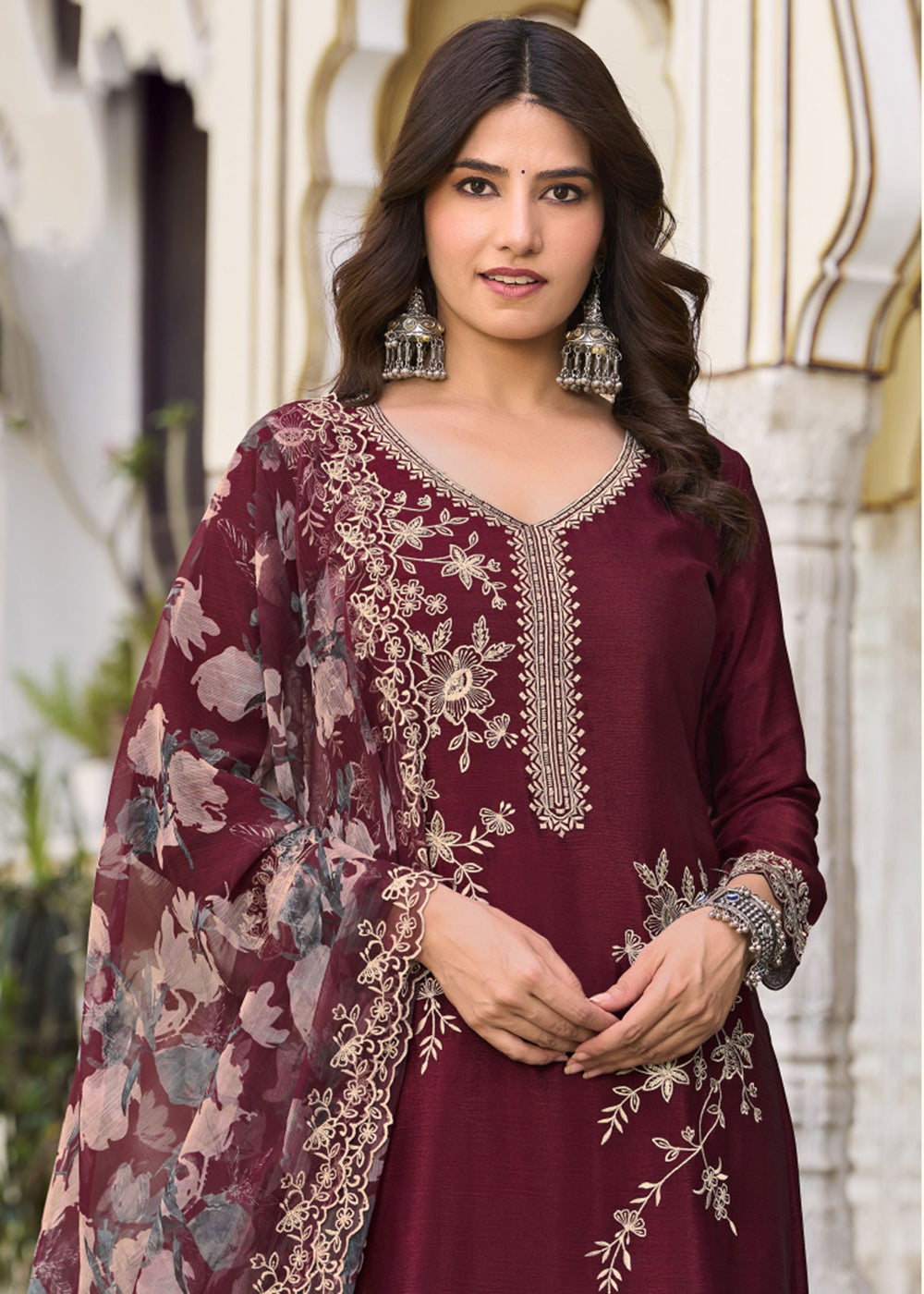 Buy Now Purple Floral Threads & Sequins Festive Palazzo Suit Online in New York, Los Angeles, San Jose, Chicago, Houston, Fremont, Dubai & Worldwide at Empress.