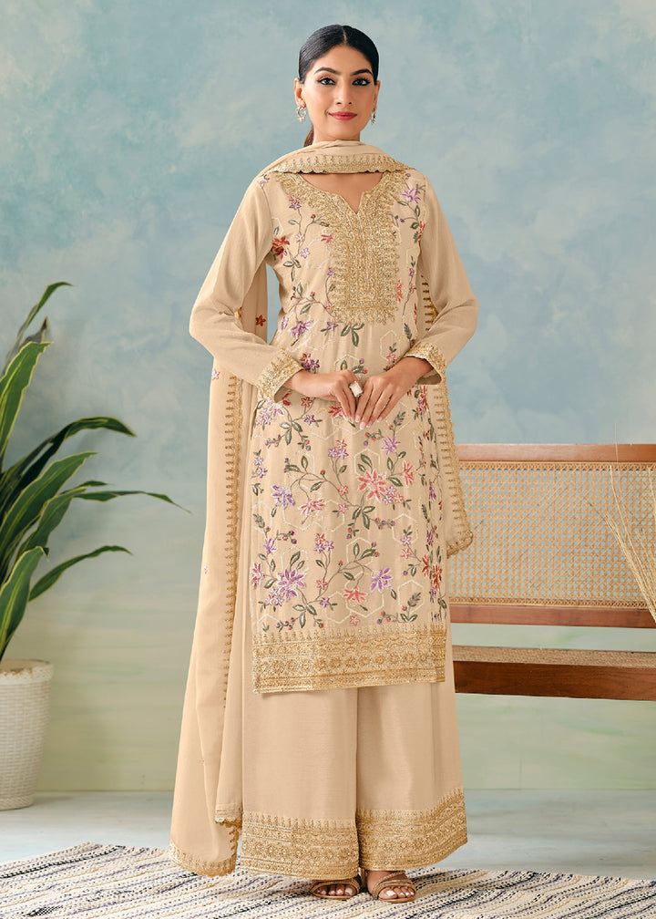 Buy Now Beige Embroidered Chinnon Wedding Palazzo Suit Online in USA, UK, Canada, Germany, Italy, France, Austria, UAE, Qatar & Worldwide at Empress Clothing.