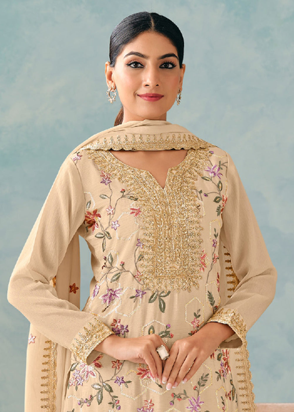 Buy Now Beige Embroidered Chinnon Wedding Palazzo Suit Online in USA, UK, Canada, Germany, Italy, France, Austria, UAE, Qatar & Worldwide at Empress Clothing.