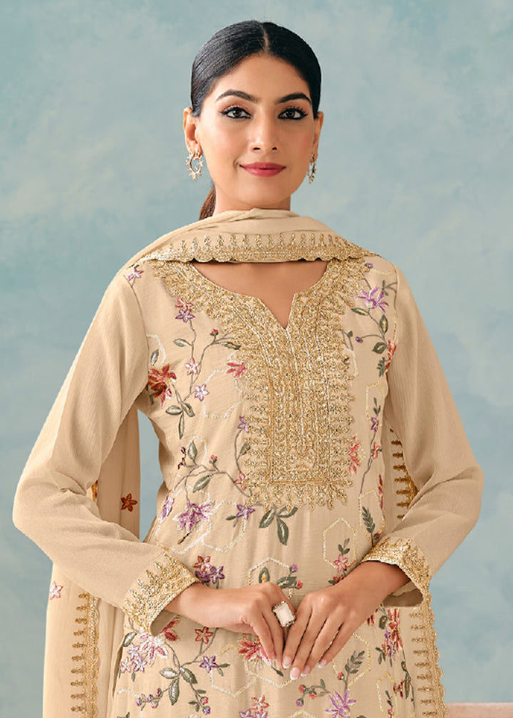 Buy Now Beige Embroidered Chinnon Wedding Palazzo Suit Online in USA, UK, Canada, Germany, Italy, France, Austria, UAE, Qatar & Worldwide at Empress Clothing.