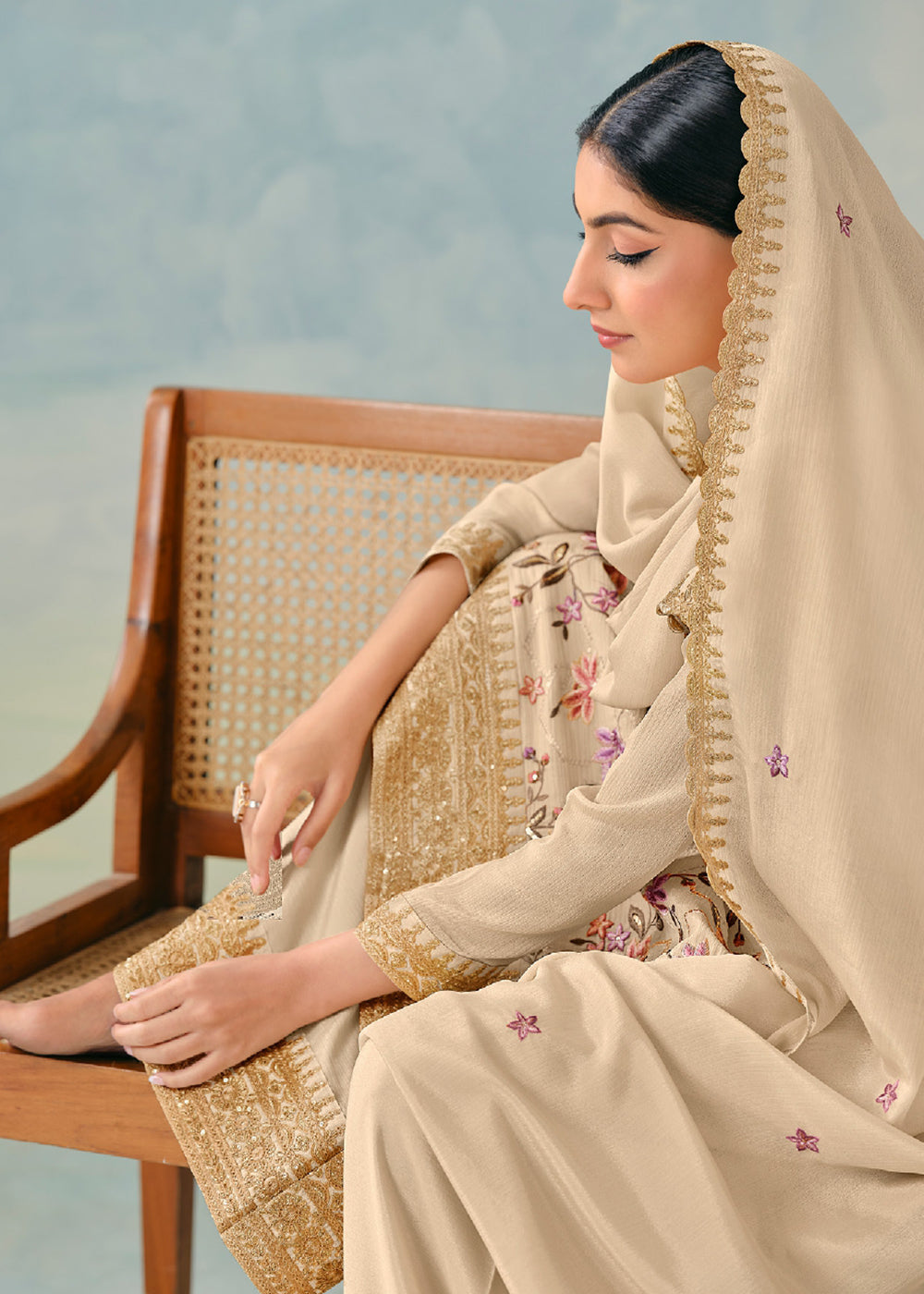 Buy Now Beige Embroidered Chinnon Wedding Palazzo Suit Online in USA, UK, Canada, Germany, Italy, France, Austria, UAE, Qatar & Worldwide at Empress Clothing.