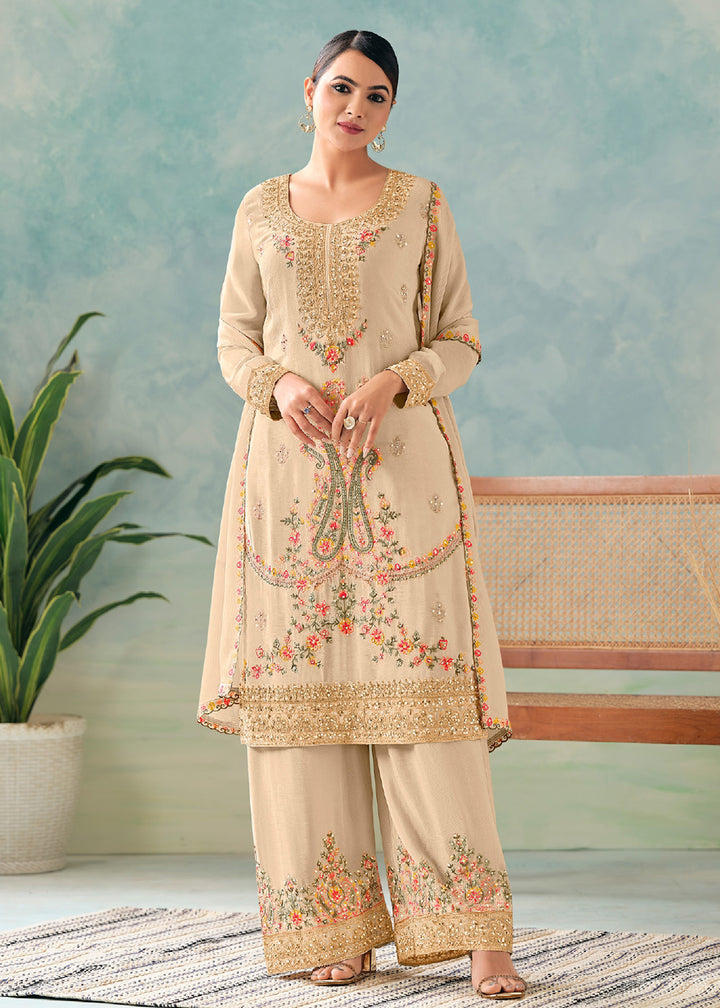 Buy Now Beige Embroidered Chinnon Wedding Pant Suit Online in USA, UK, Canada, Germany, Italy, France, Austria, UAE, Qatar & Worldwide at Empress Clothing.