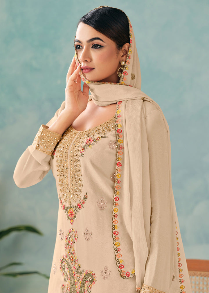Buy Now Beige Embroidered Chinnon Wedding Pant Suit Online in USA, UK, Canada, Germany, Italy, France, Austria, UAE, Qatar & Worldwide at Empress Clothing.