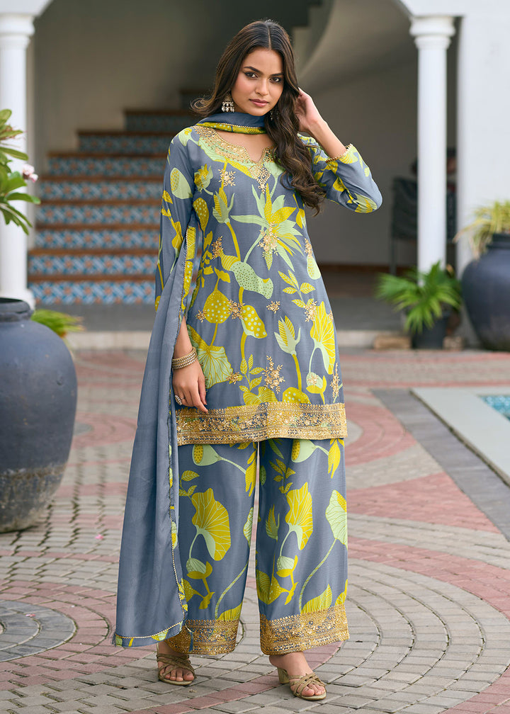 Buy Now Grey Floral Printed & Embroidered Festive Palazzo Suit Suit Online in USA, UK, Canada, Germany, Italy, France, Austria & Worldwide at Empress Clothing.