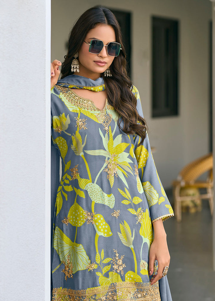 Buy Now Grey Floral Printed & Embroidered Festive Palazzo Suit Suit Online in USA, UK, Canada, Germany, Italy, France, Austria & Worldwide at Empress Clothing.