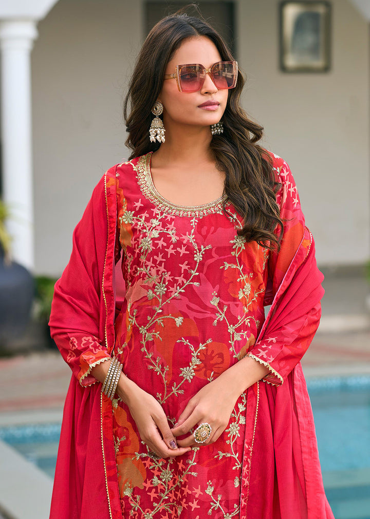 Buy Now Red Floral Printed & Embroidered Festive Palazzo Suit Suit Online in USA, UK, Canada, Germany, Italy, France, Austria & Worldwide at Empress Clothing.