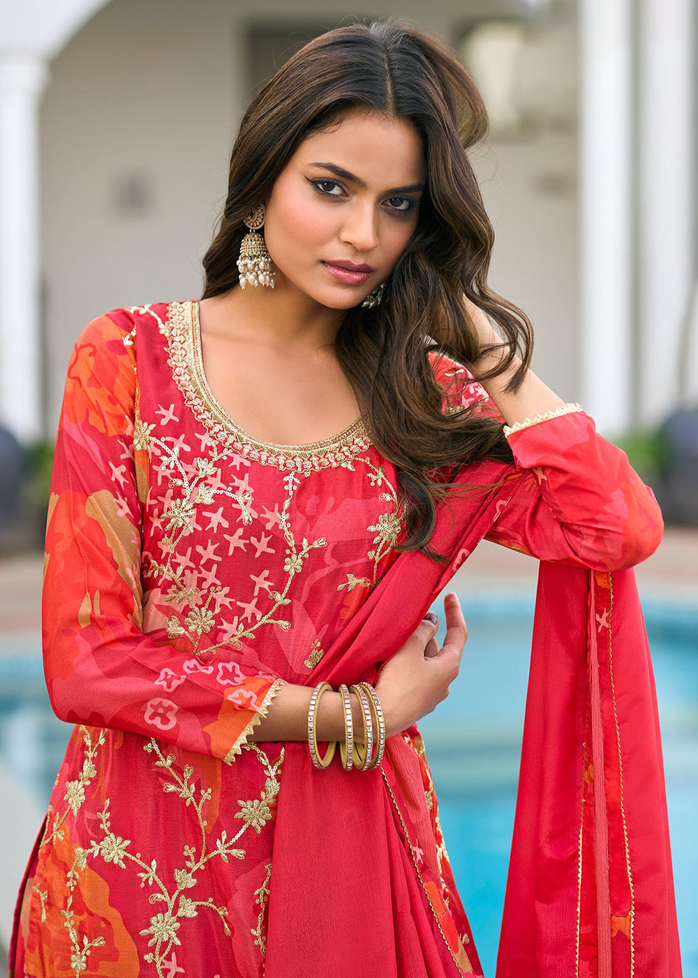 Buy Now Red Floral Printed & Embroidered Festive Palazzo Suit Suit Online in USA, UK, Canada, Germany, Italy, France, Austria & Worldwide at Empress Clothing.