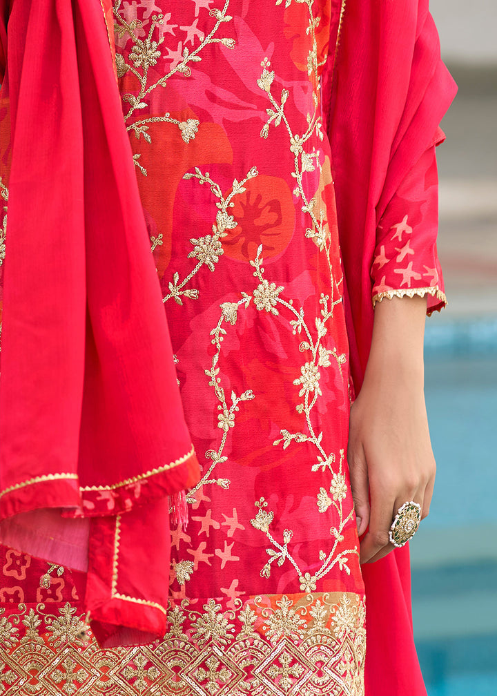 Buy Now Red Floral Printed & Embroidered Festive Palazzo Suit Suit Online in USA, UK, Canada, Germany, Italy, France, Austria & Worldwide at Empress Clothing.