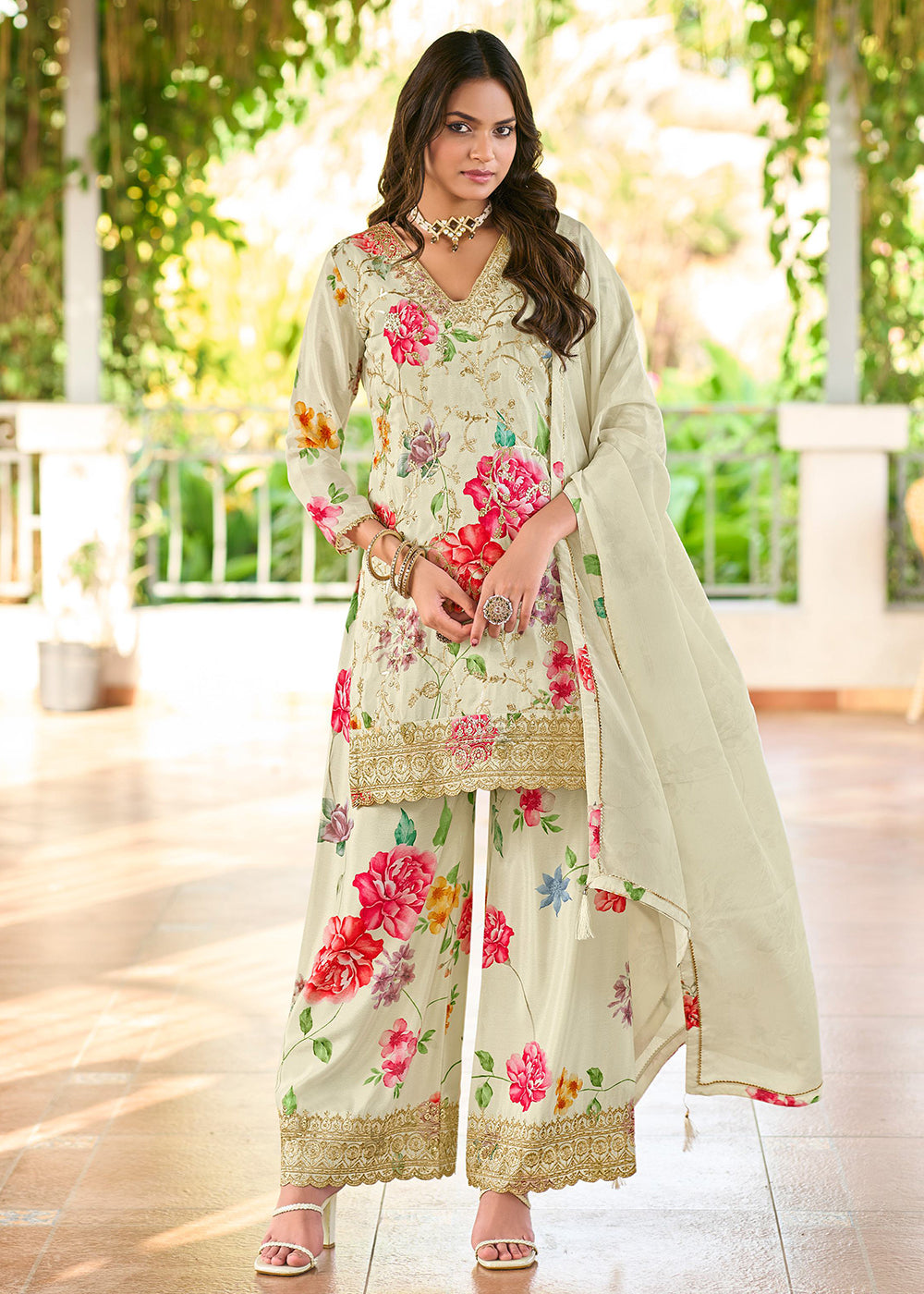 Buy Now Off White Floral Printed & Embroidered Festive Palazzo Suit Suit Online in USA, UK, Canada, Germany, Italy, France, & Worldwide at Empress Clothing.