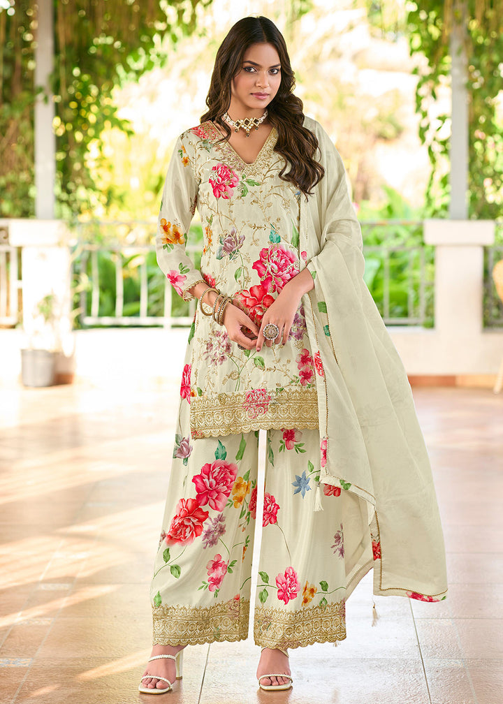 Buy Now Off White Floral Printed & Embroidered Festive Palazzo Suit Suit Online in USA, UK, Canada, Germany, Italy, France, & Worldwide at Empress Clothing.