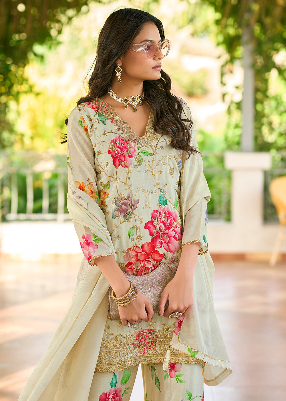 Buy Now Off White Floral Printed & Embroidered Festive Palazzo Suit Suit Online in USA, UK, Canada, Germany, Italy, France, & Worldwide at Empress Clothing.