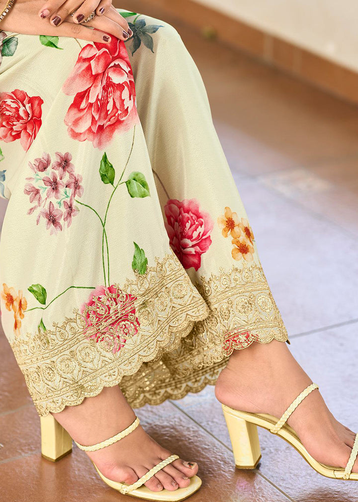 Buy Now Off White Floral Printed & Embroidered Festive Palazzo Suit Suit Online in USA, UK, Canada, Germany, Italy, France, & Worldwide at Empress Clothing.