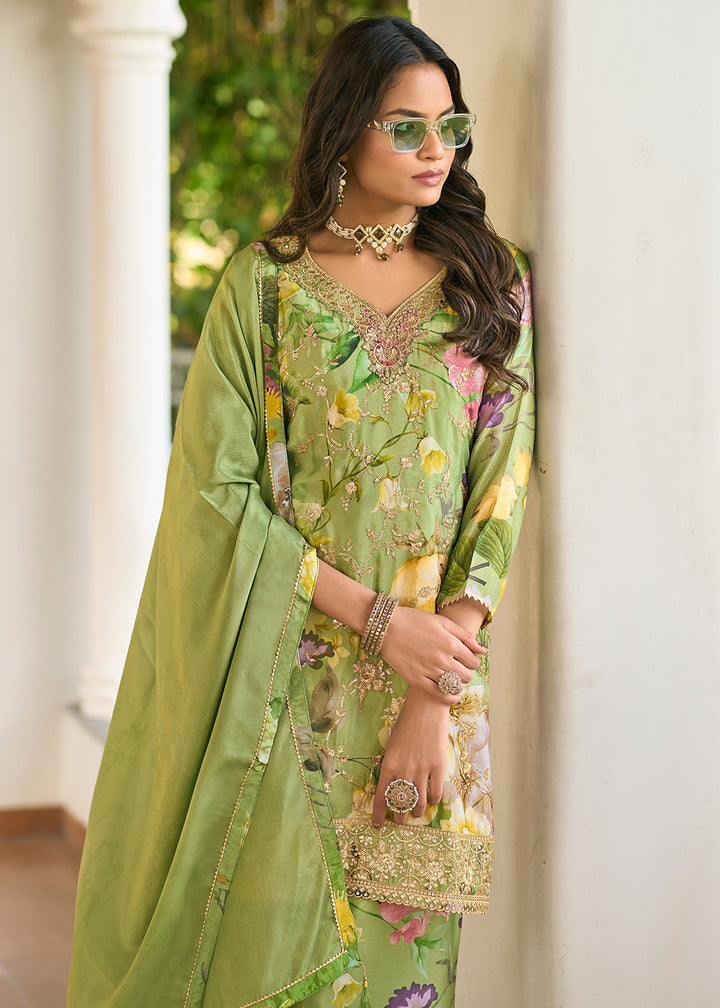 Buy Now Green Floral Printed & Embroidered Festive Palazzo Suit Suit Online in USA, UK, Canada, Germany, Italy, France, Austria & Worldwide at Empress Clothing.