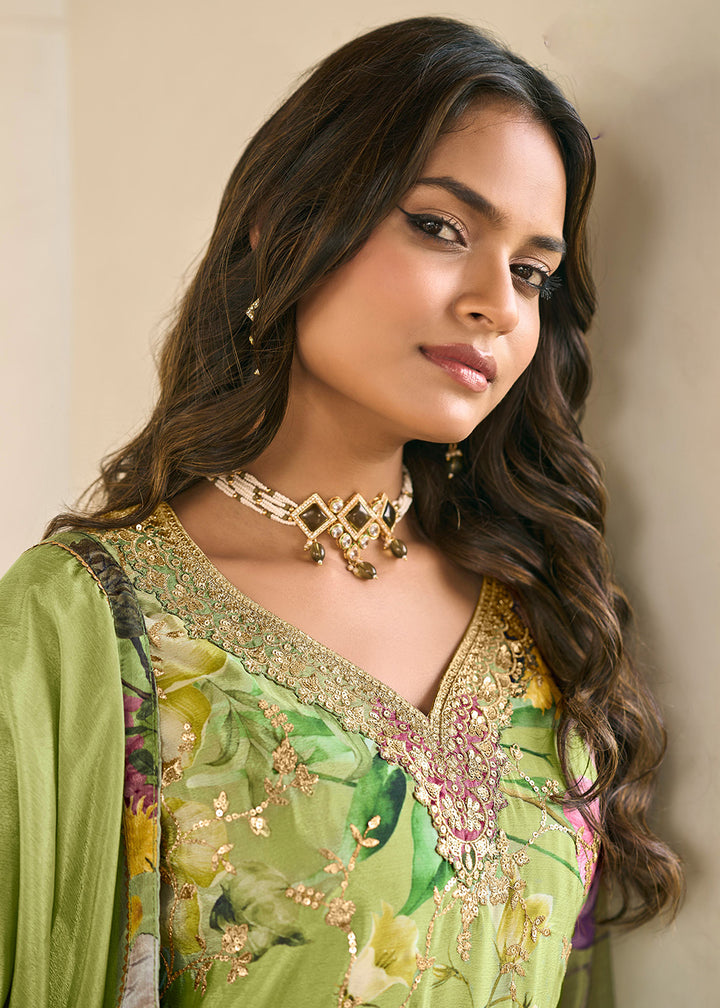 Buy Now Green Floral Printed & Embroidered Festive Palazzo Suit Suit Online in USA, UK, Canada, Germany, Italy, France, Austria & Worldwide at Empress Clothing.
