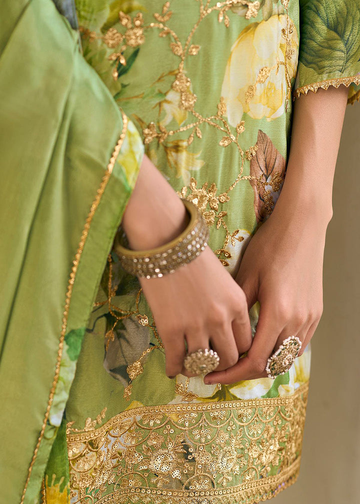 Buy Now Green Floral Printed & Embroidered Festive Palazzo Suit Suit Online in USA, UK, Canada, Germany, Italy, France, Austria & Worldwide at Empress Clothing.