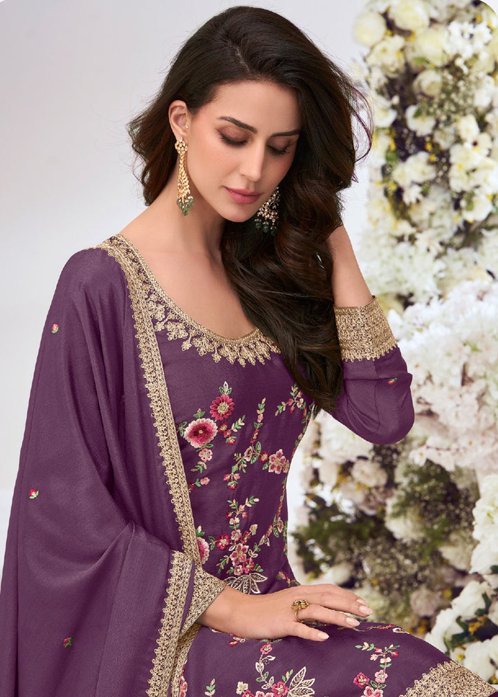 Buy Now Burgundy Multi Threads Work Festive Palazzo Suit Suit Online in US, UK, Canada, Germany, Italy, France, Austria, UAE & Worldwide at Empress Clothing.