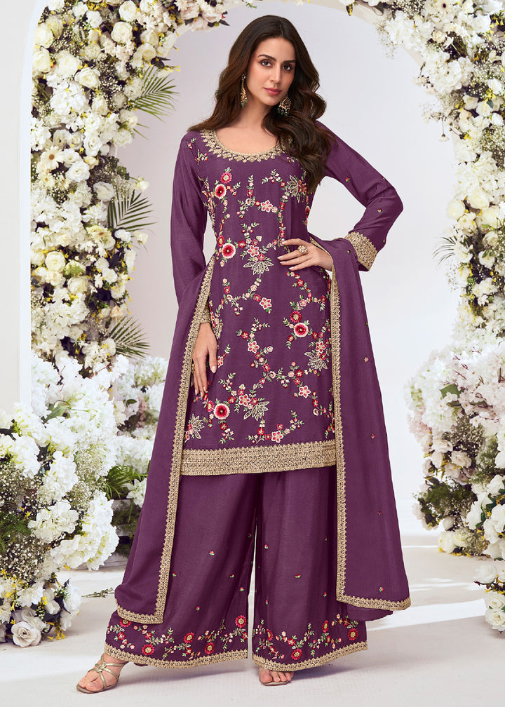 Buy Now Burgundy Multi Threads Work Festive Palazzo Suit Suit Online in US, UK, Canada, Germany, Italy, France, Austria, UAE & Worldwide at Empress Clothing.