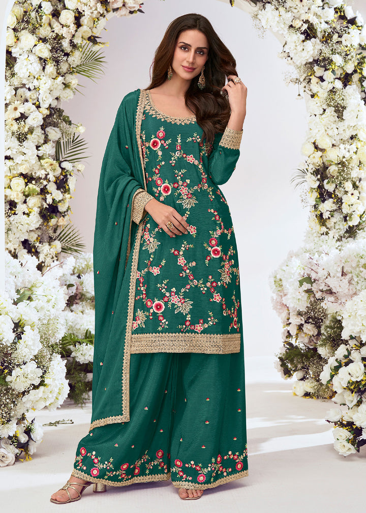Buy Now Rama Green Multi Threads Work Festive Palazzo Suit Suit Online in US, UK, Canada, Germany, Italy, France, Austria, UAE & Worldwide at Empress Clothing.
