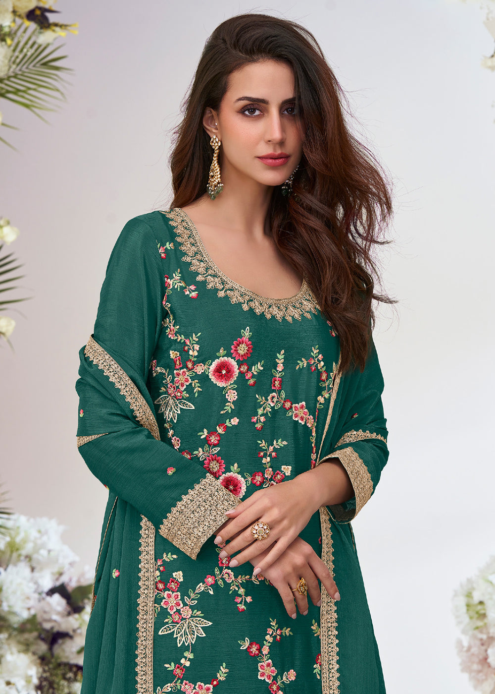 Buy Now Rama Green Multi Threads Work Festive Palazzo Suit Suit Online in US, UK, Canada, Germany, Italy, France, Austria, UAE & Worldwide at Empress Clothing.