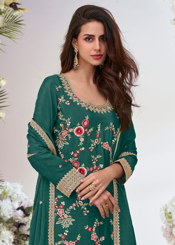 Buy Now Rama Green Multi Threads Work Festive Palazzo Suit Suit Online in US, UK, Canada, Germany, Italy, France, Austria, UAE & Worldwide at Empress Clothing.
