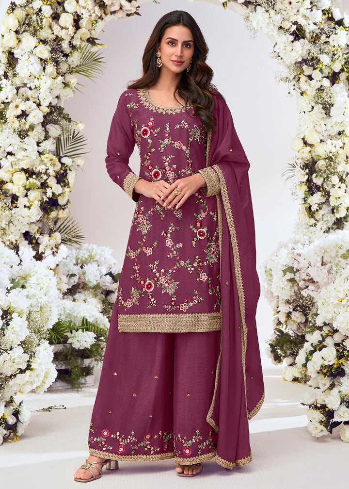 Buy Now Purple Pink Multi Threads Work Festive Palazzo Suit Suit Online in US, UK, Canada, Germany, Italy, France, Austria, UAE & Worldwide at Empress Clothing.
