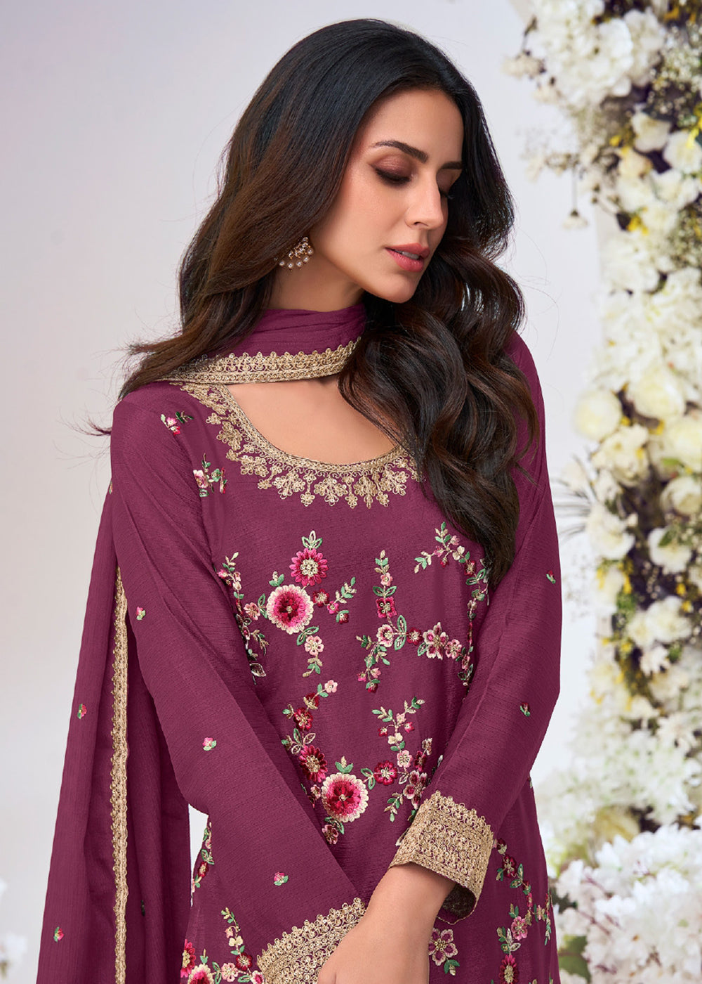 Buy Now Purple Pink Multi Threads Work Festive Palazzo Suit Suit Online in US, UK, Canada, Germany, Italy, France, Austria, UAE & Worldwide at Empress Clothing.