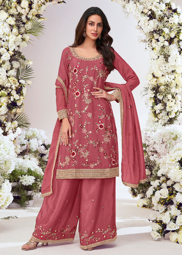 Buy Now Salmon Pink Multi Threads Work Festive Palazzo Suit Suit Online in US, UK, Canada, Germany, Italy, France, Austria, UAE & Worldwide at Empress Clothing.
