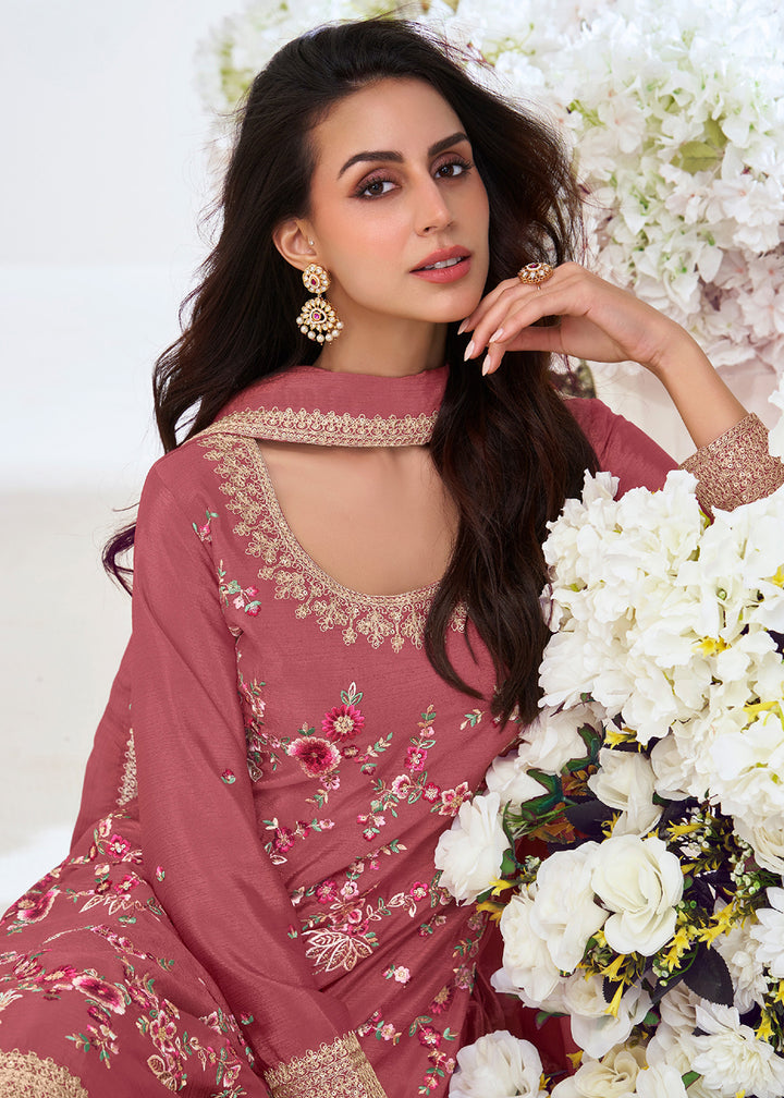 Buy Now Salmon Pink Multi Threads Work Festive Palazzo Suit Suit Online in US, UK, Canada, Germany, Italy, France, Austria, UAE & Worldwide at Empress Clothing.