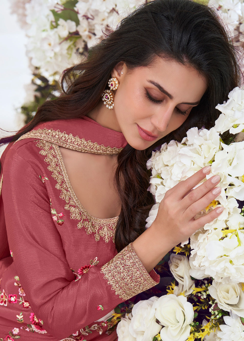 Buy Now Salmon Pink Multi Threads Work Festive Palazzo Suit Suit Online in US, UK, Canada, Germany, Italy, France, Austria, UAE & Worldwide at Empress Clothing.