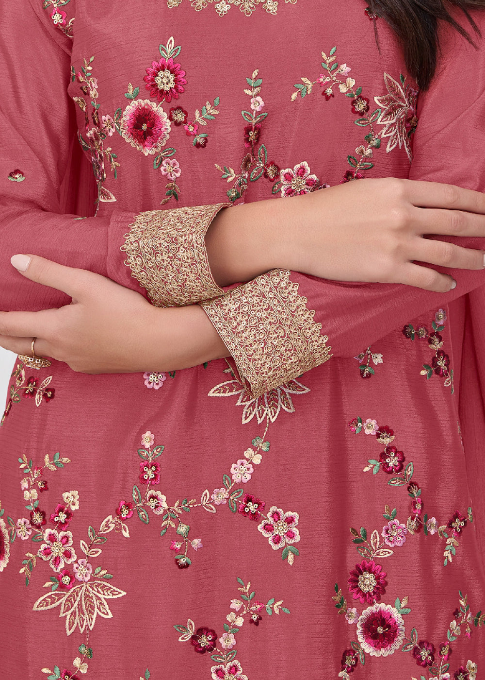 Buy Now Salmon Pink Multi Threads Work Festive Palazzo Suit Suit Online in US, UK, Canada, Germany, Italy, France, Austria, UAE & Worldwide at Empress Clothing.