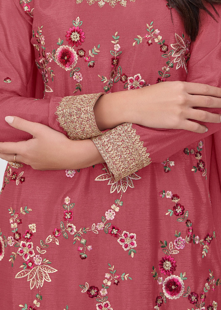 Buy Now Salmon Pink Multi Threads Work Festive Palazzo Suit Suit Online in US, UK, Canada, Germany, Italy, France, Austria, UAE & Worldwide at Empress Clothing.