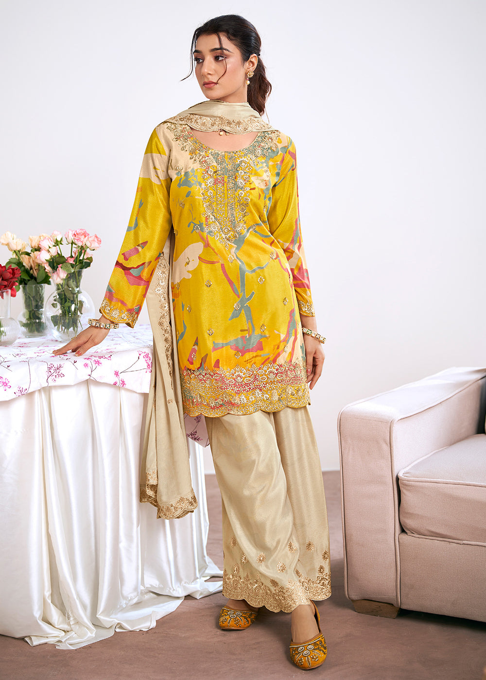 Buy Now Yellow Trendy Digital Printed Palazzo Suit for Wedding Online in US, UK, Canada, Germany, Italy, France, Austria, Australia, UAE & Worldwide at Empress.