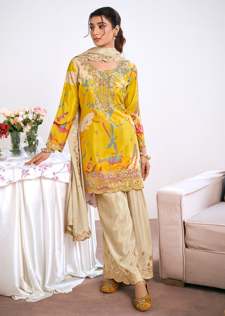 Buy Now Yellow Trendy Digital Printed Palazzo Suit for Wedding Online in US, UK, Canada, Germany, Italy, France, Austria, Australia, UAE & Worldwide at Empress.