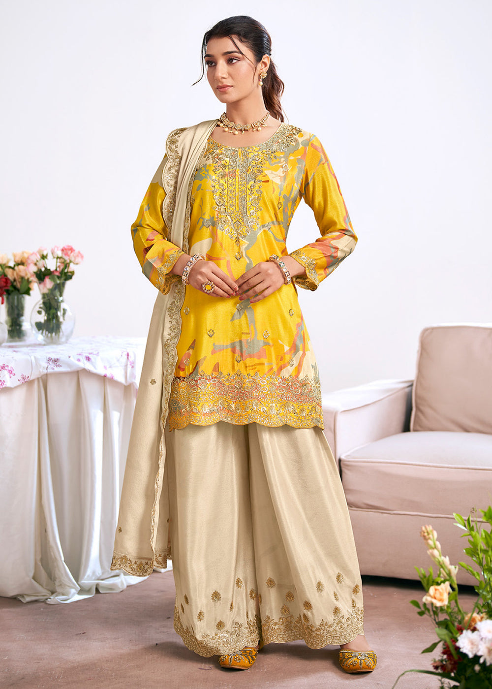 Buy Now Yellow Trendy Digital Printed Palazzo Suit for Wedding Online in US, UK, Canada, Germany, Italy, France, Austria, Australia, UAE & Worldwide at Empress.