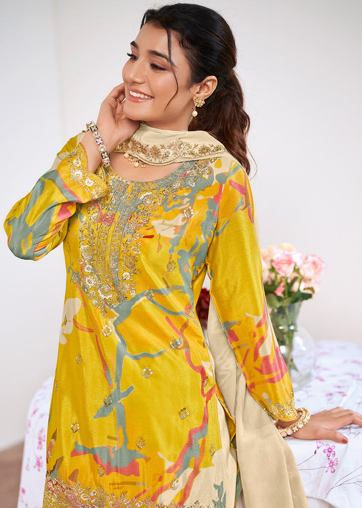 Buy Now Yellow Trendy Digital Printed Palazzo Suit for Wedding Online in US, UK, Canada, Germany, Italy, France, Austria, Australia, UAE & Worldwide at Empress.