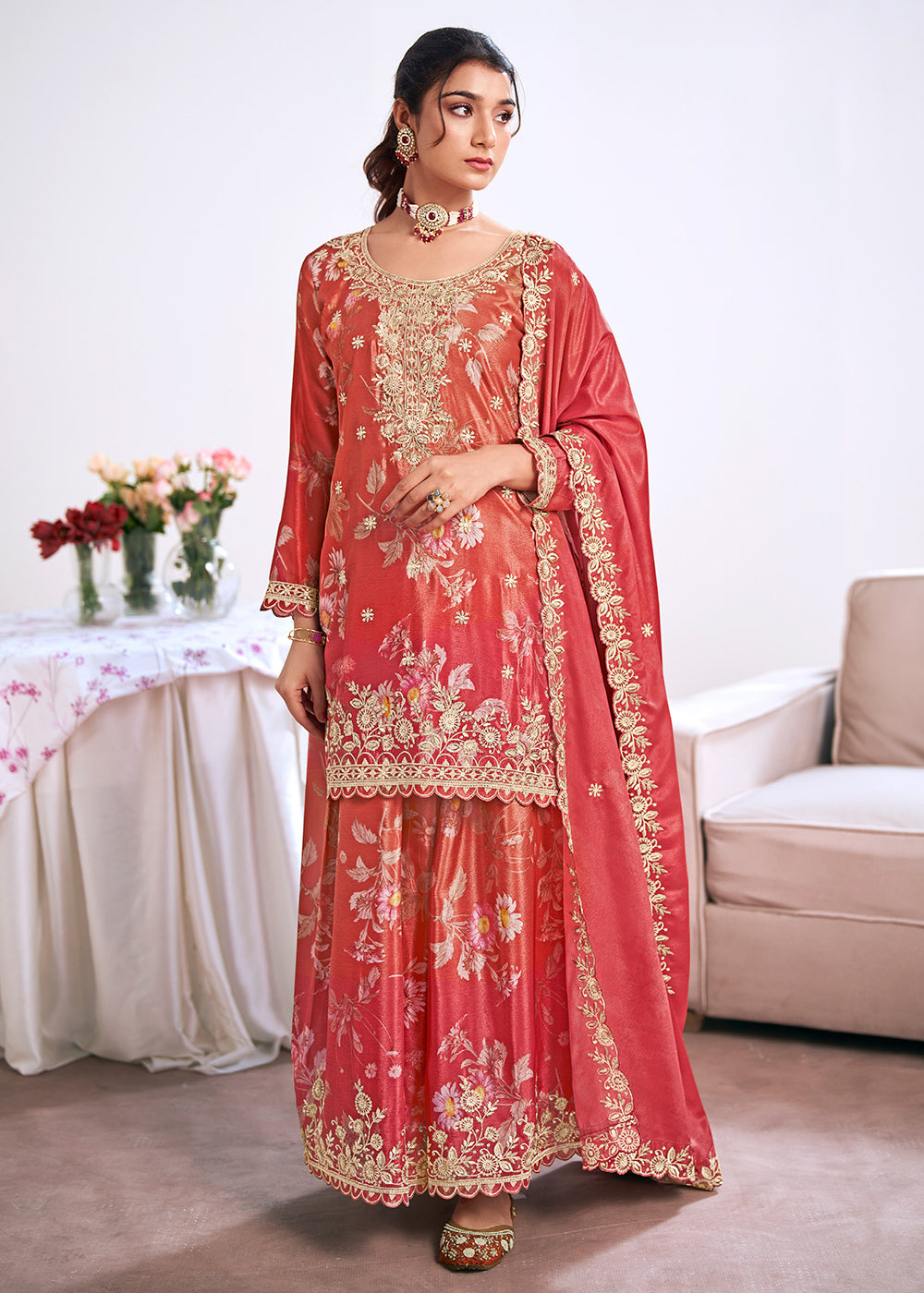Buy Now Pink Trendy Digital Printed Palazzo Suit for Wedding Online in US, UK, Canada, Germany, Italy, France, Austria, Australia, UAE & Worldwide at Empress.