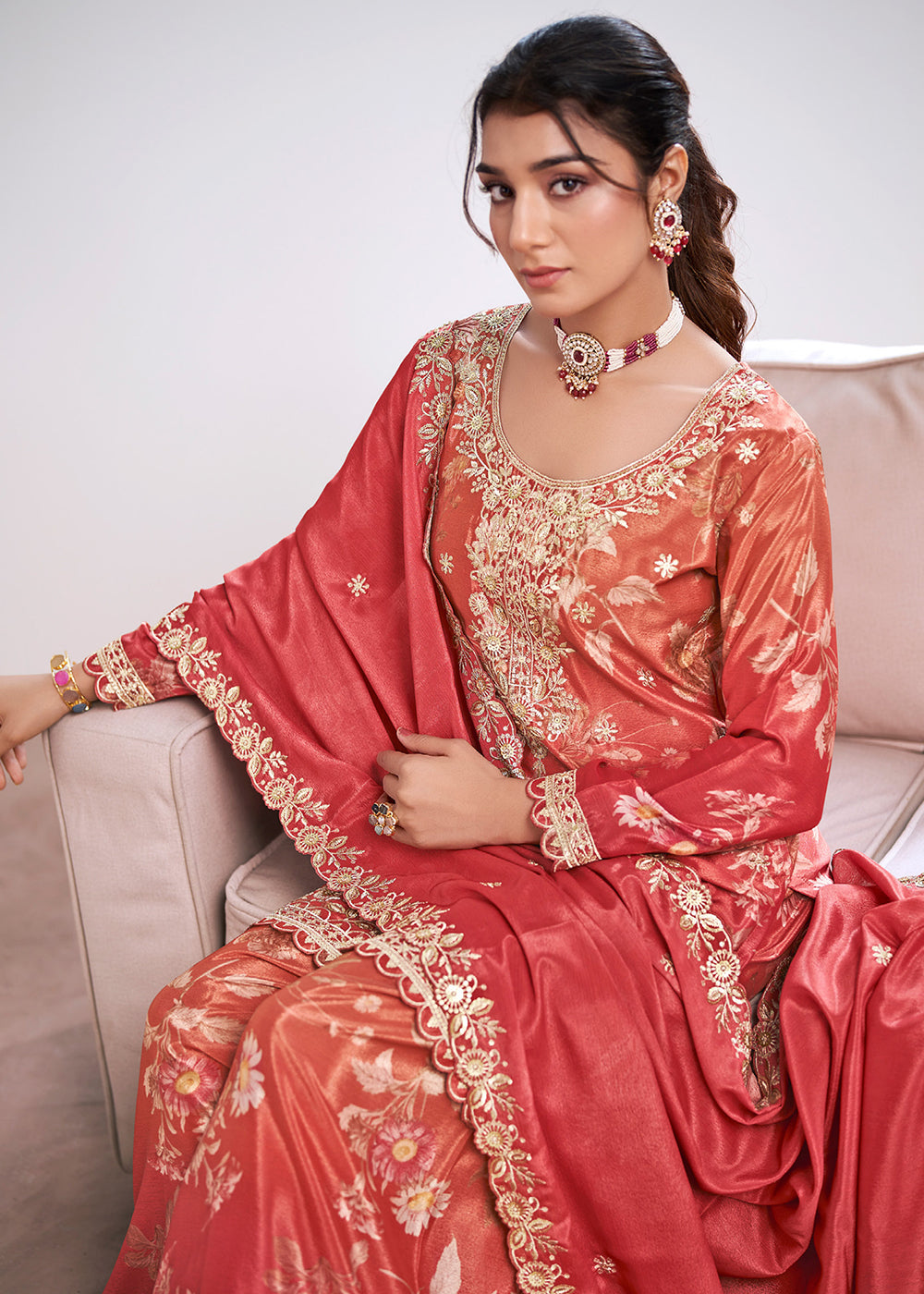 Buy Now Pink Trendy Digital Printed Palazzo Suit for Wedding Online in US, UK, Canada, Germany, Italy, France, Austria, Australia, UAE & Worldwide at Empress.