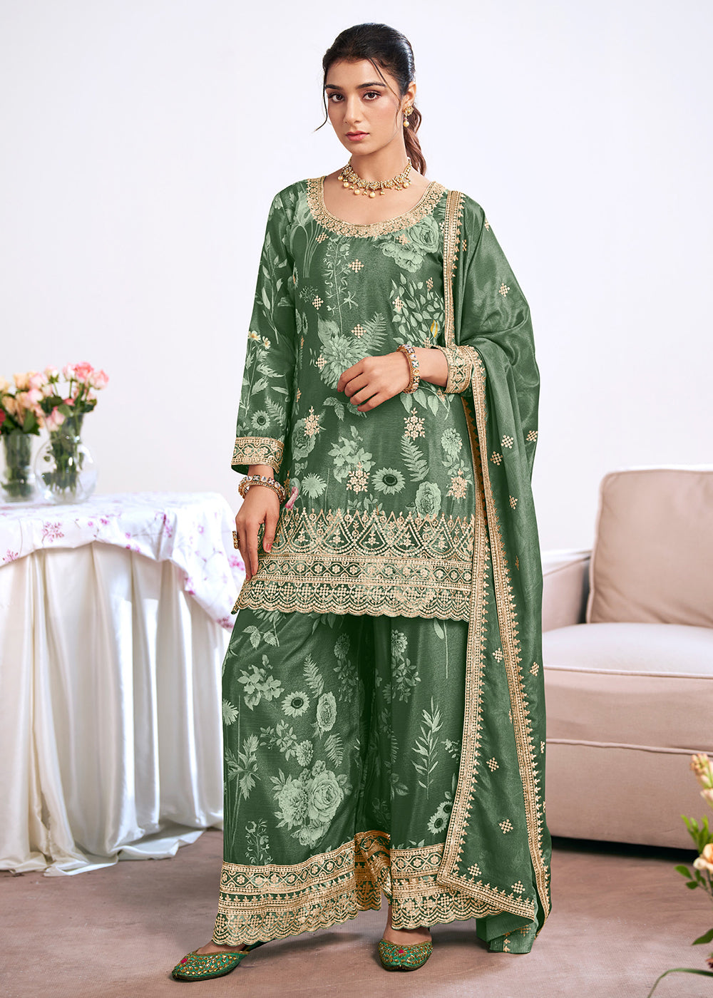 Buy Now Green Trendy Digital Printed Palazzo Suit for Wedding Online in US, UK, Canada, Germany, Italy, France, Austria, Australia, UAE & Worldwide at Empress.