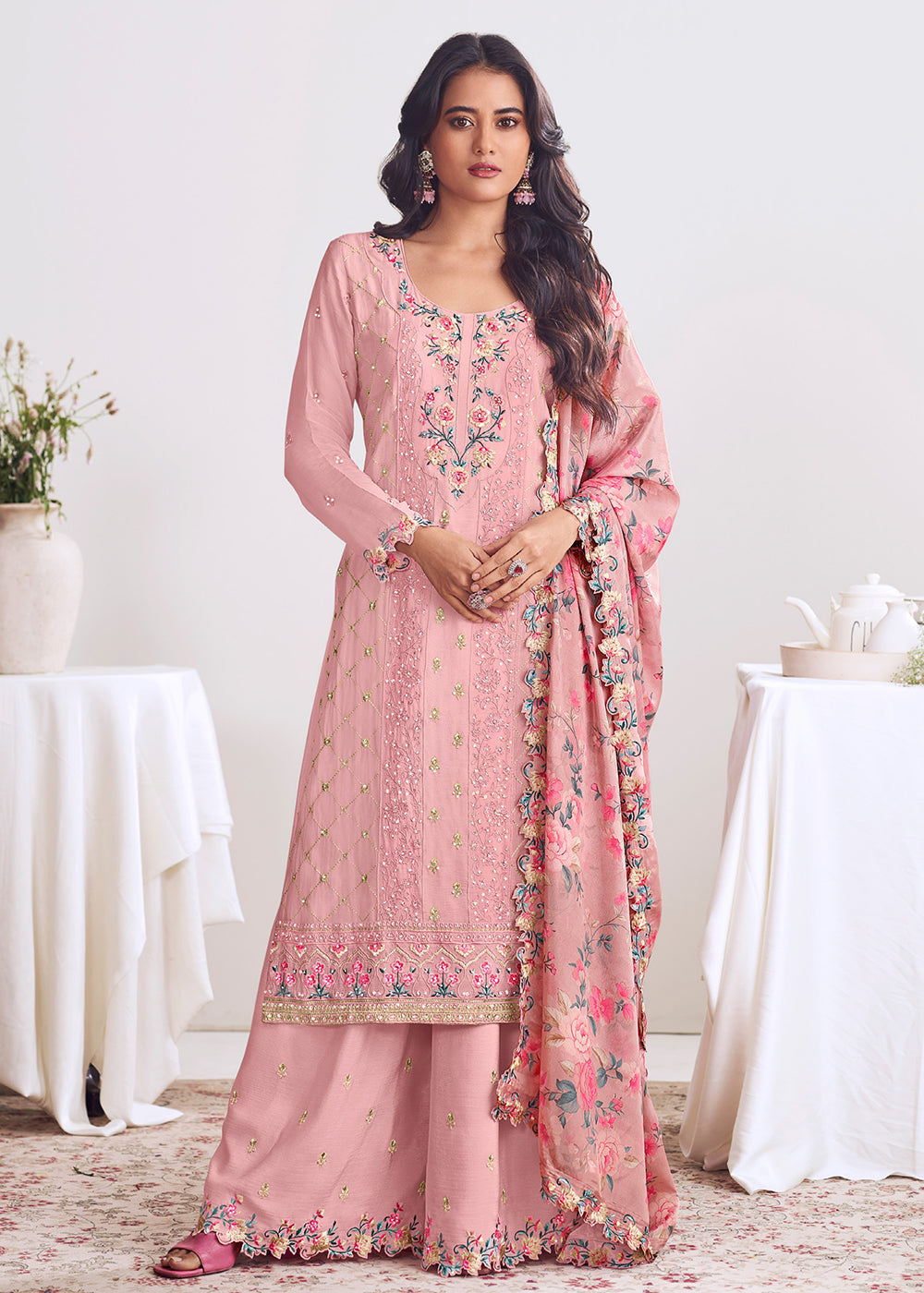 Buy Now Pink Chinnon Silk Thread & Mirror Palazzo Suit Online in US, UK, Canada, Germany, Italy, France, Austria, Australia, Denmark & Worldwide at Empress.