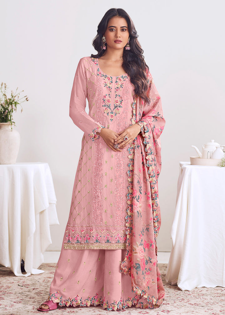 Buy Now Pink Chinnon Silk Thread & Mirror Palazzo Suit Online in US, UK, Canada, Germany, Italy, France, Austria, Australia, Denmark & Worldwide at Empress.